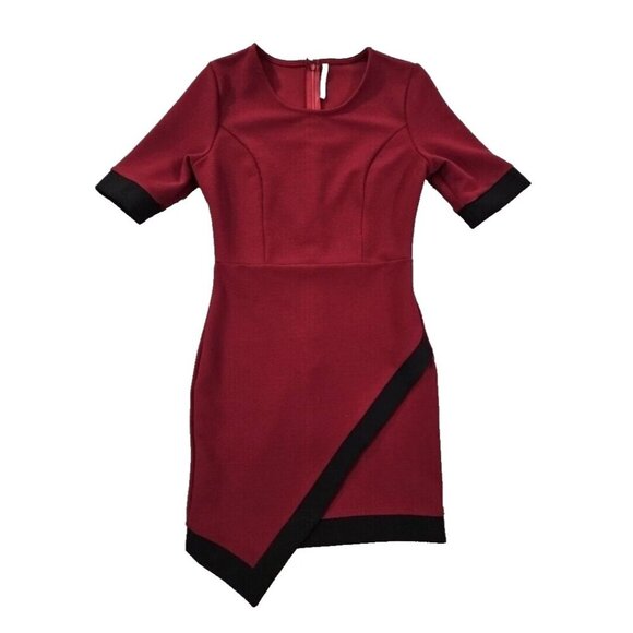 Sheinside Maroon & Black Bodycon Faux Wrap Dress Women's Medium Stretch EUC - Picture 1 of 11